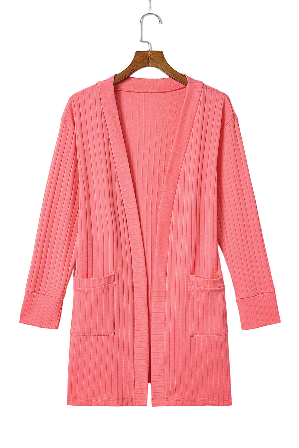 Rosa Strickjacke mit offener Vorderseite und Taschen
