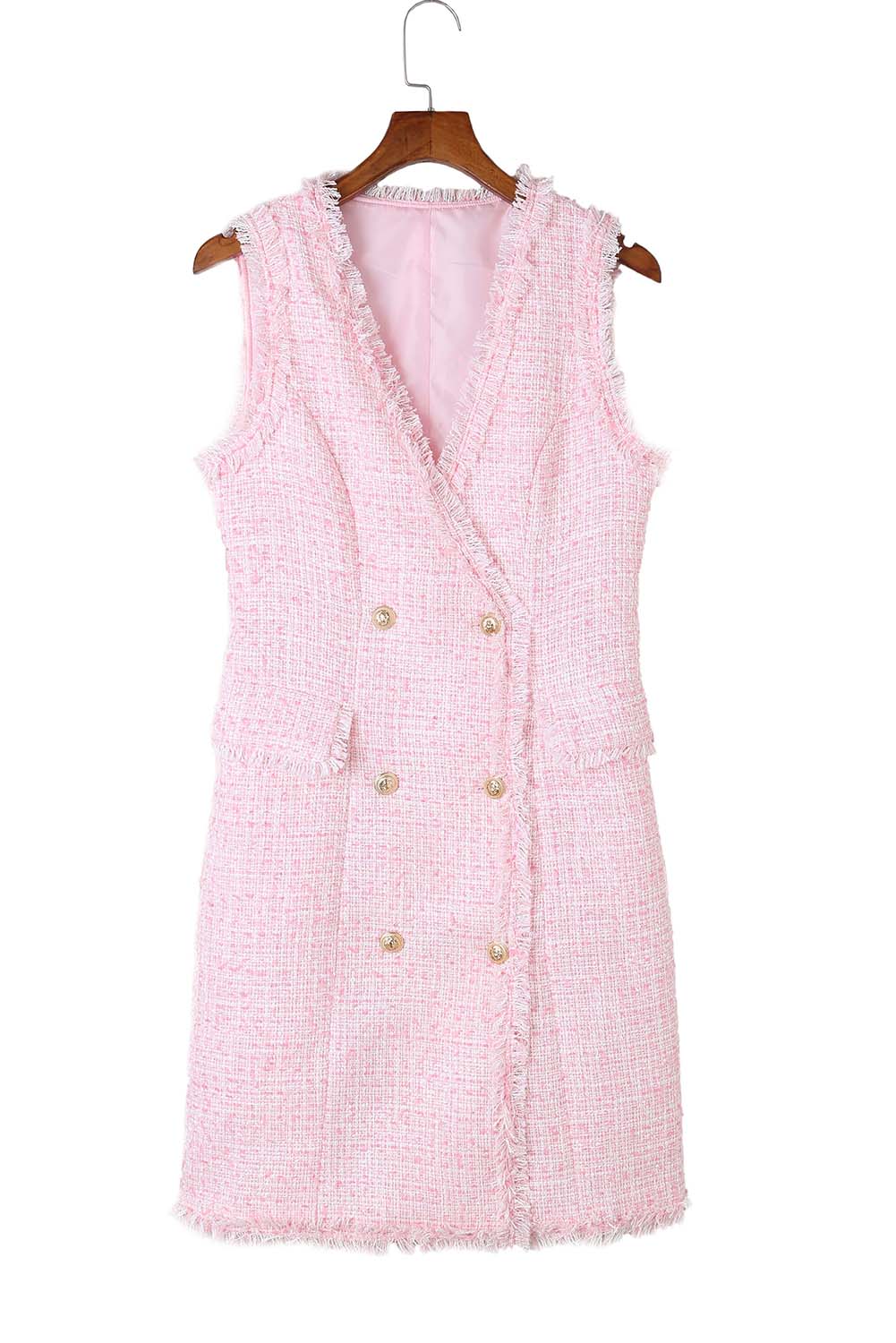 Vestido de tweed cruzado con borde deshilachado en color rosa