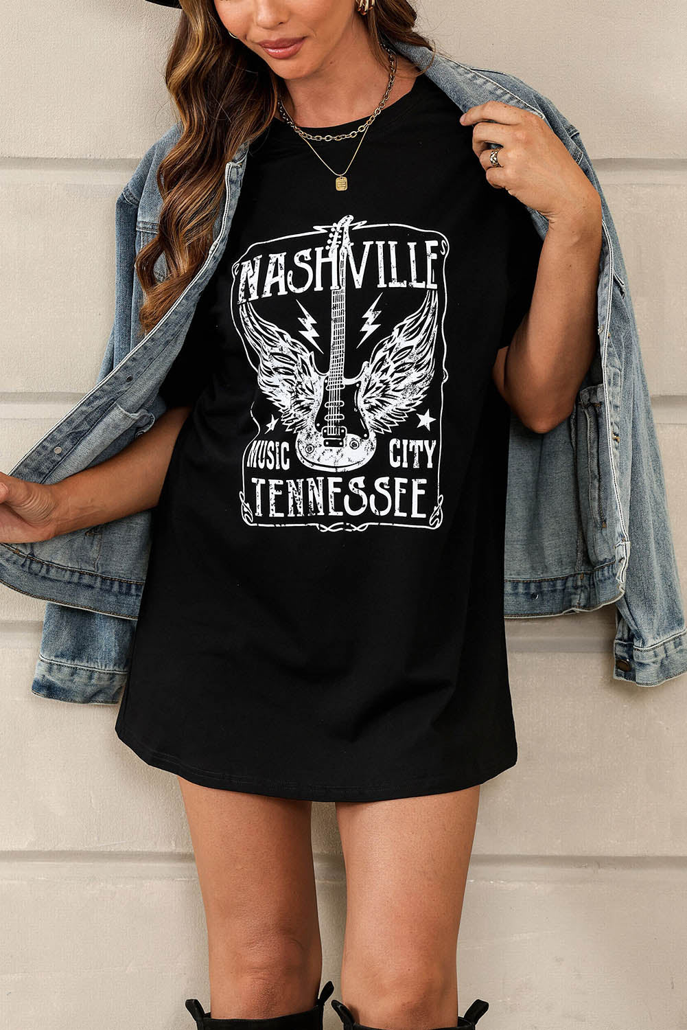 Camiseta extragrande con estampado gráfico de letras y eslogan de guitarra rosa