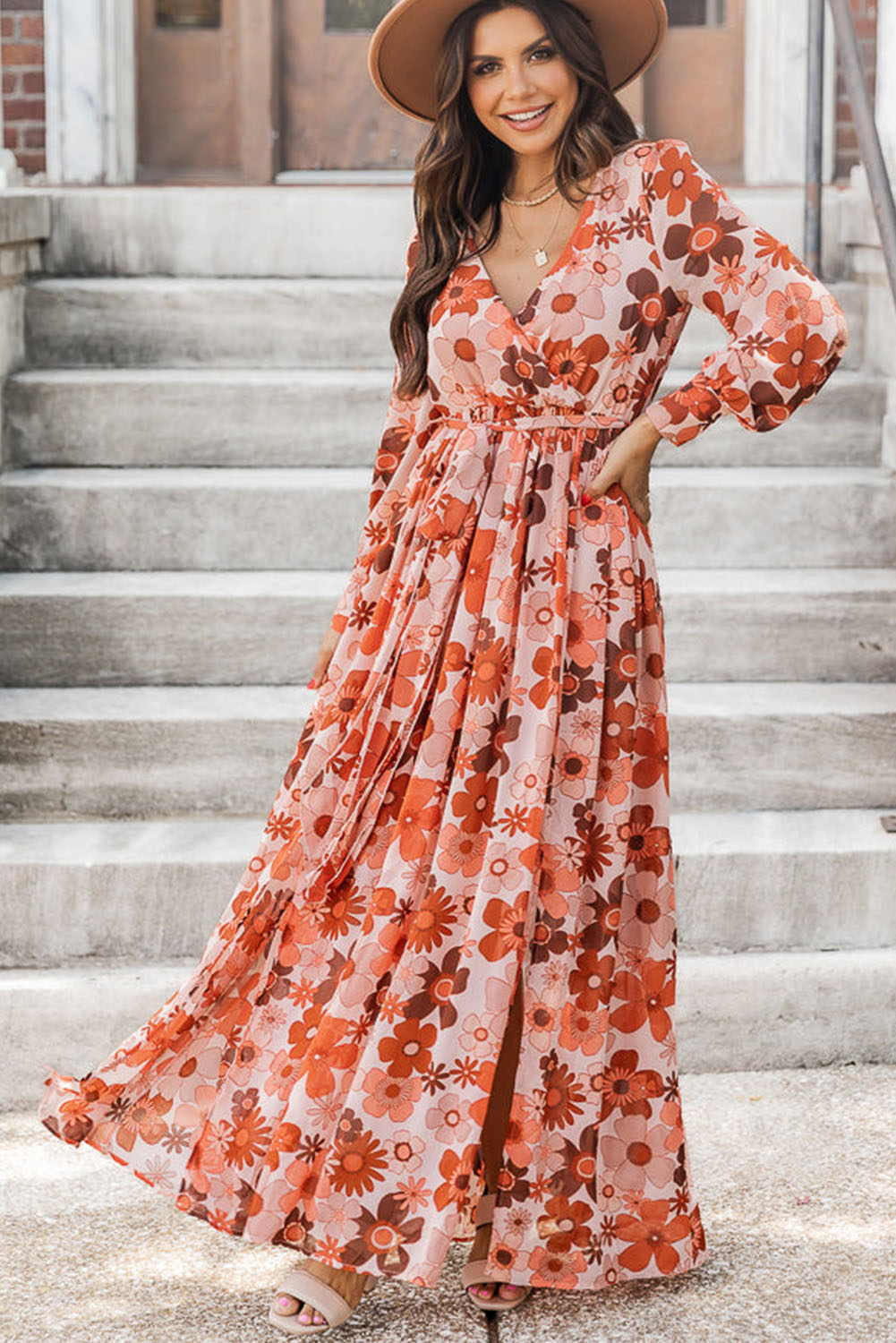 Orange Plus Size Floral Print V Neck Wrap Side Slit Maxi Dress