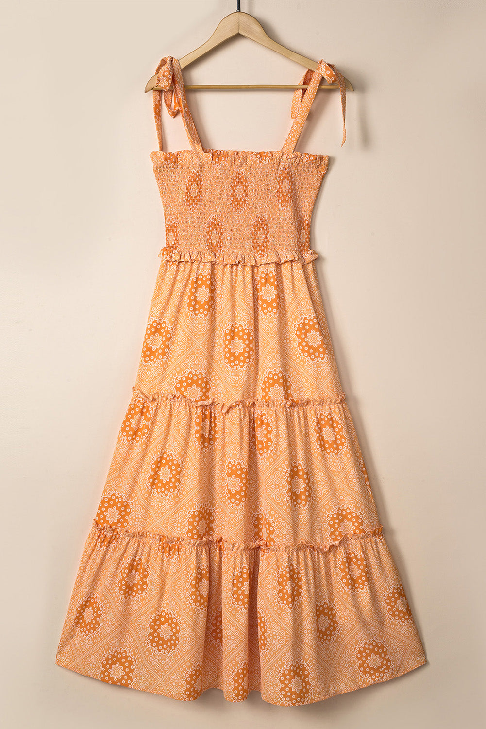 Orange Boho Floral Print Lace-up Straps Tiered Smocked Maxi Dress