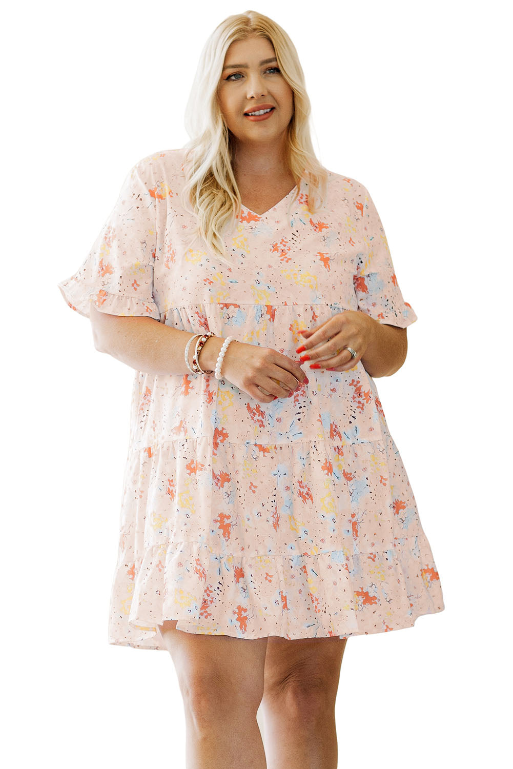 Pink Plus Size Floral Pattern Babydoll Swing Dress