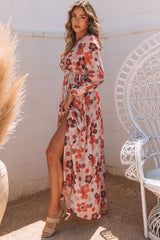 Orange Floral V-Neck Long Sleeve Belted Maxi Dress