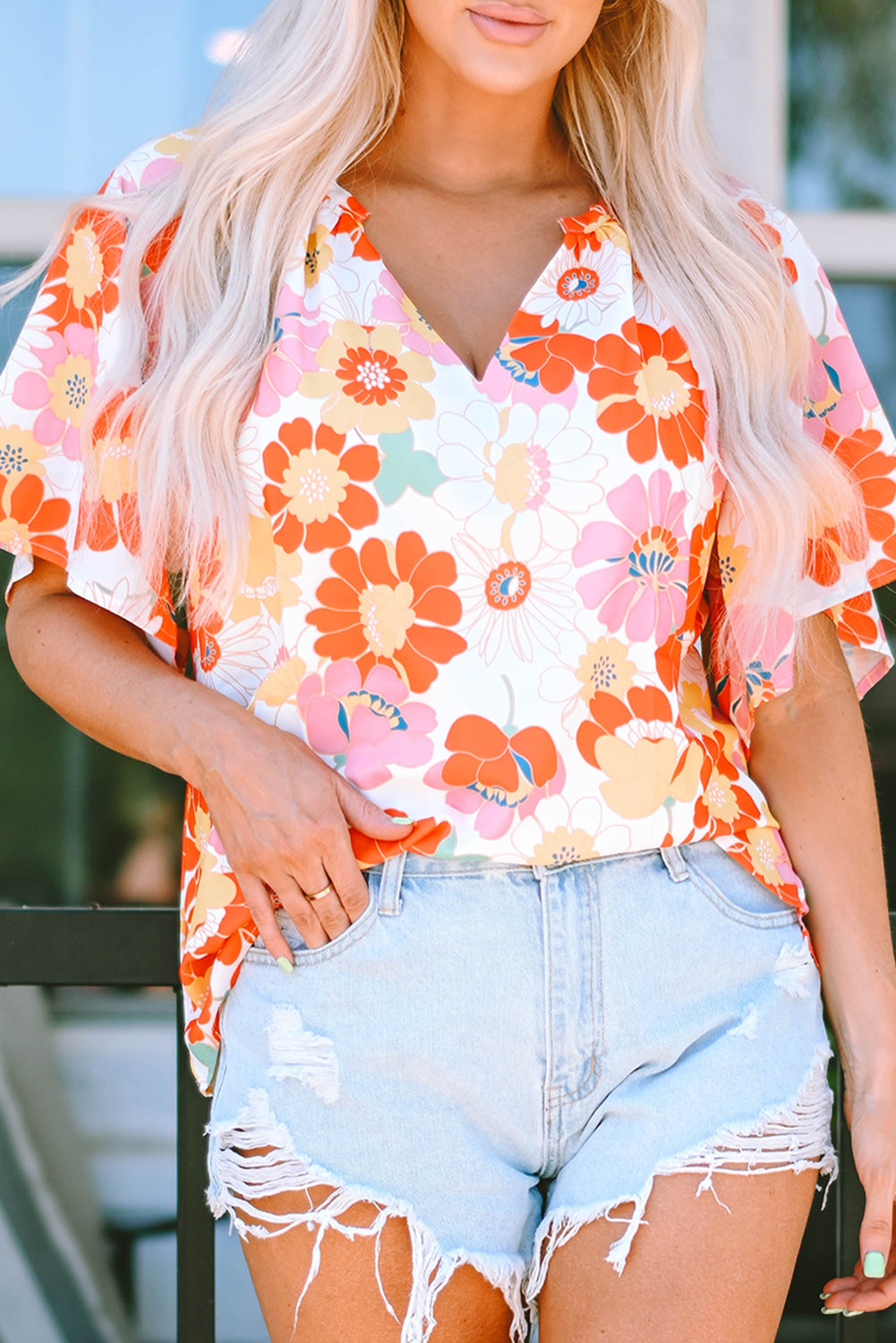 Orange Shirred Neck Summer Floral Dress