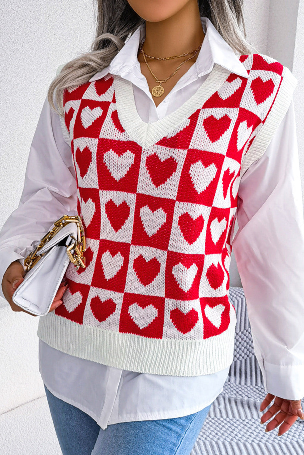 Pink Checked Heart Pattern Sweater Vest