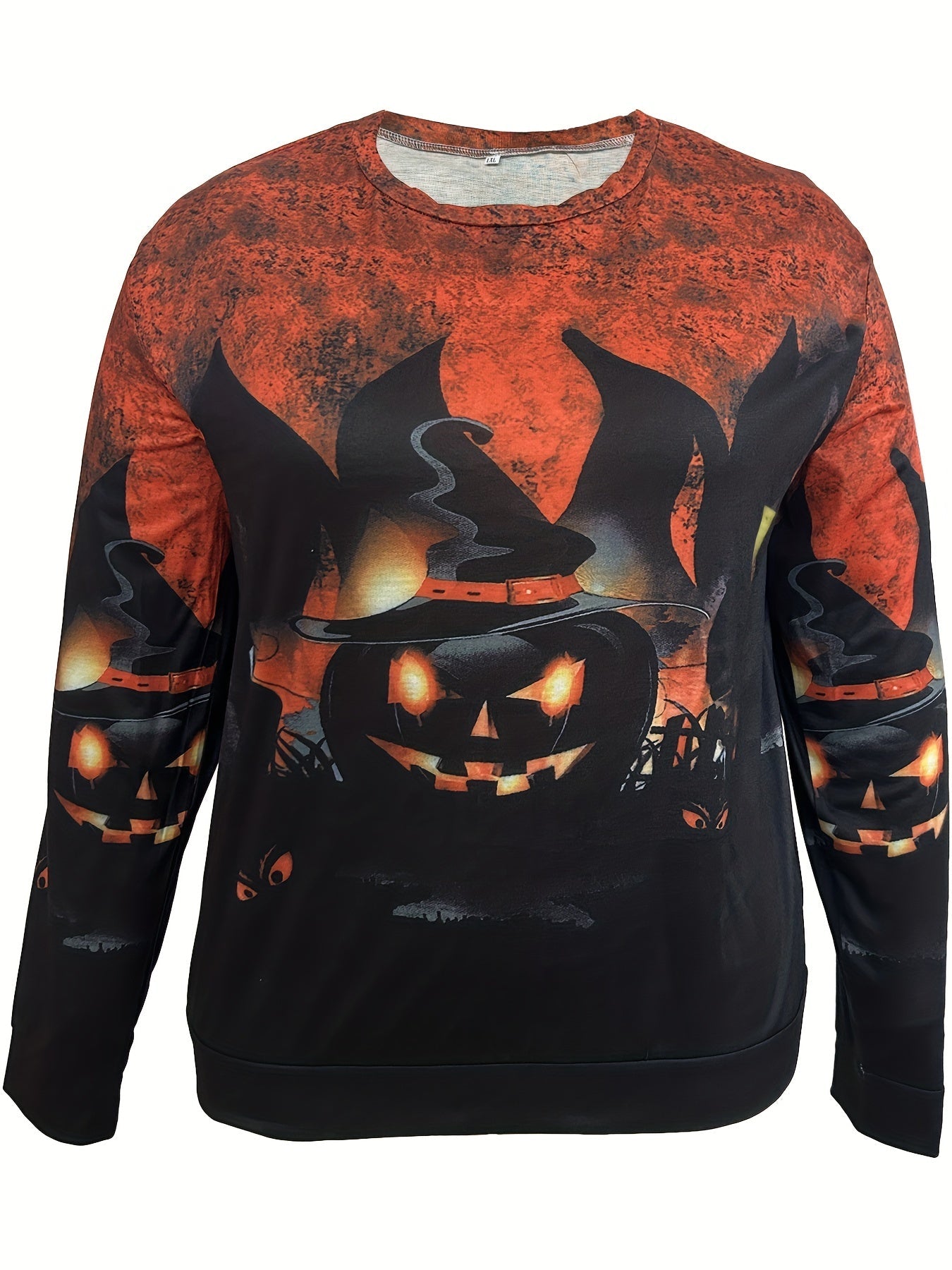 Plus Size Halloween Casual Sweatshirt, Women's Plus Witch Hat Pumpkin Print Long Sleeve Round Neck Pullover Top