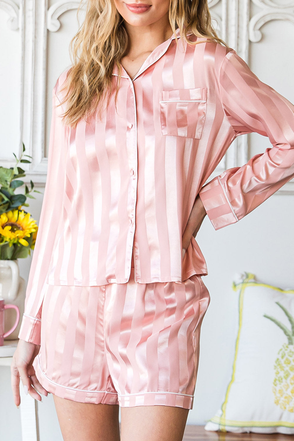 Pink Striped Print Buttoned Shirt and Drawstring Shorts Lounge Set