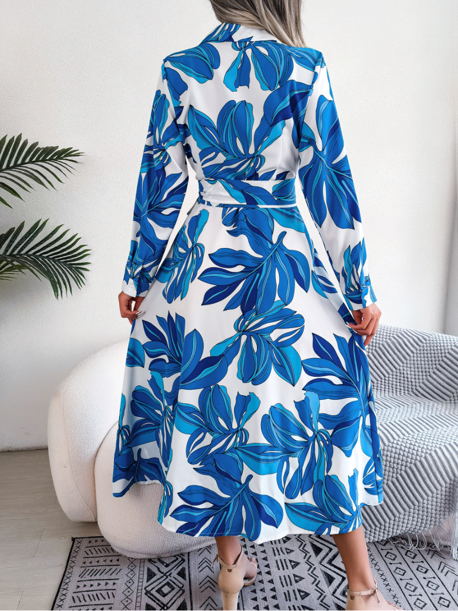 Stylish Fashionable Contrasting Floral Lapel Midi Dress