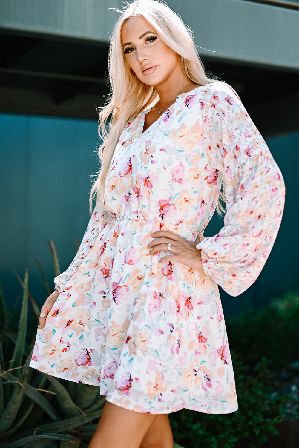 Pink V Neck Bubble Sleeves Floral Dress