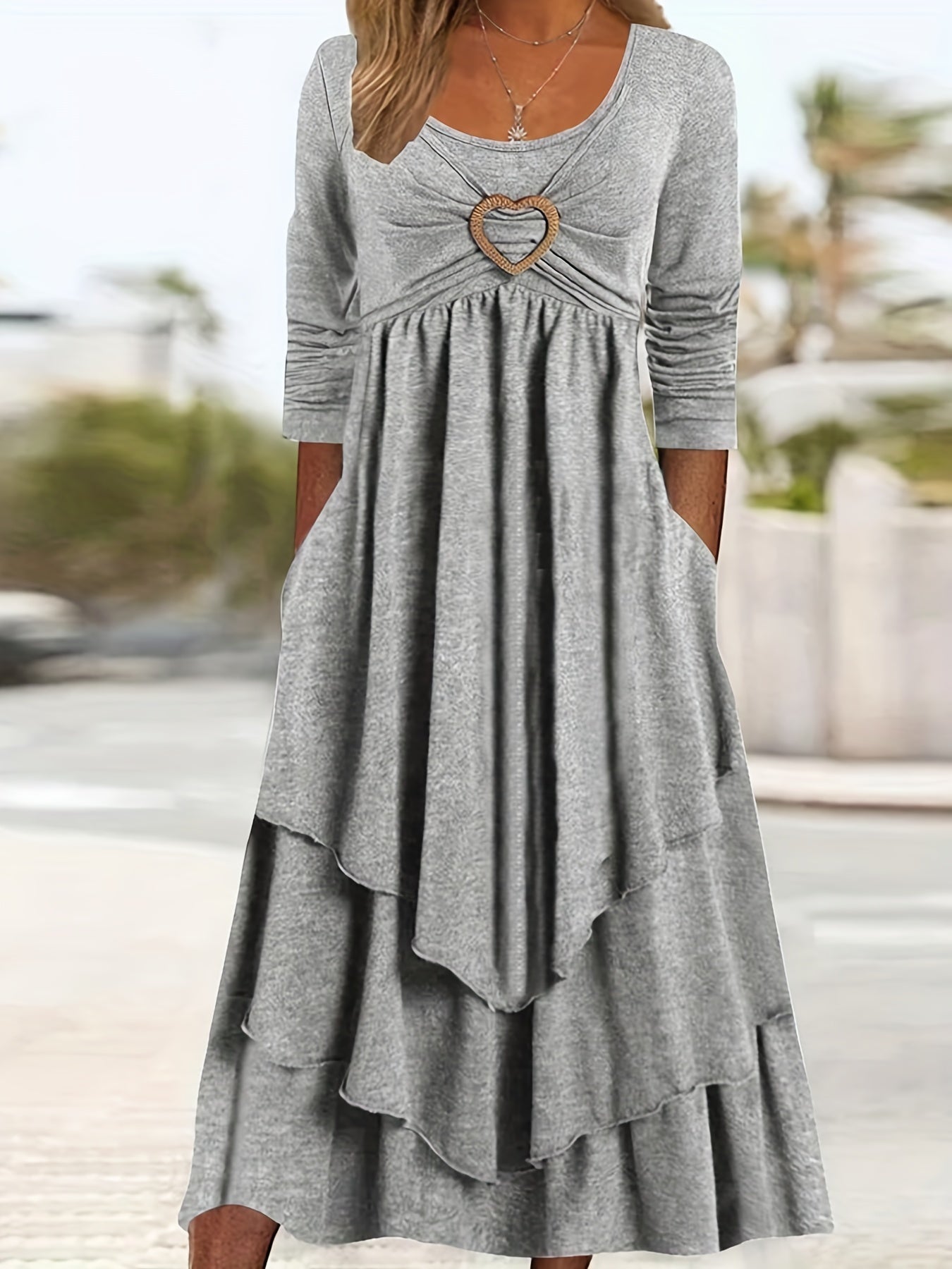 Plus Size Elegant Dress, Women's Plus Plain Long Sleeve Layered Heart Ring Decor Round Neck Maxi Dress