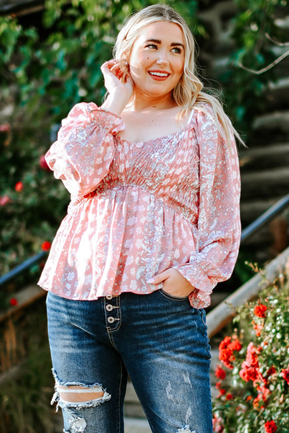 Pink Bohemian Print Puff Sleeve Curvy Peplum Blouse