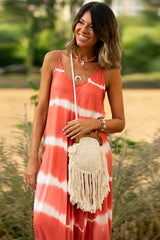 Orange Tie Dye Striped Spaghetti Straps Maxi Dress