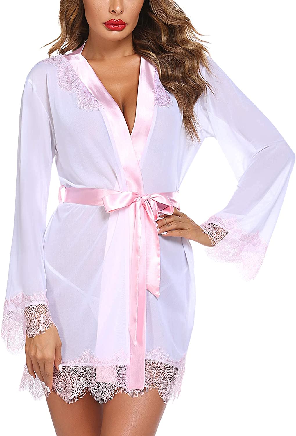 Avidlove Lingerie Robe Lace Kimono Cover Up Satin Mesh Robe Babydoll Lingerie Set