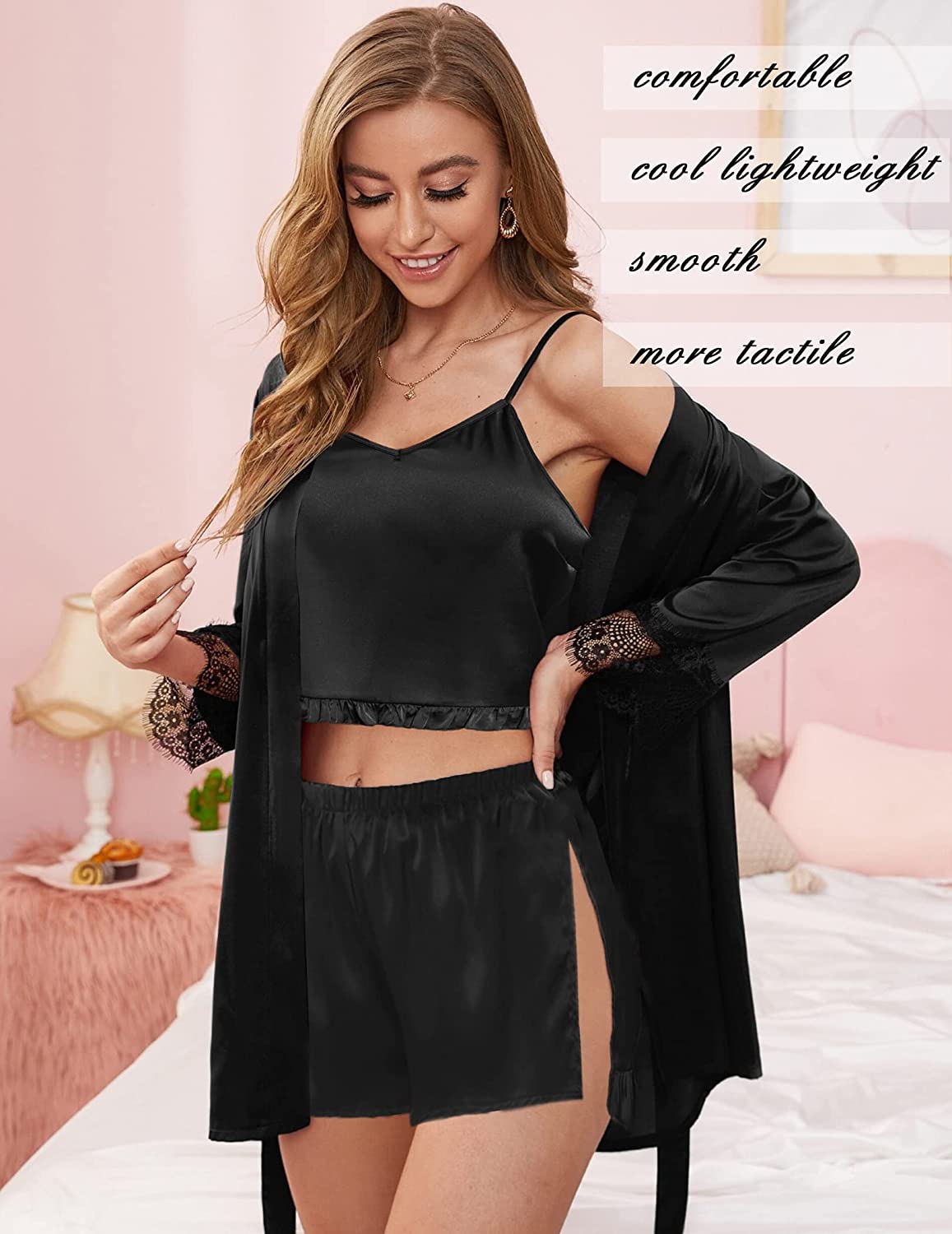 Avidlove Silk Pajama Set for V-Neck Ruffled Satin Sleepwear Solid 2 Piece Cami Shorts Set