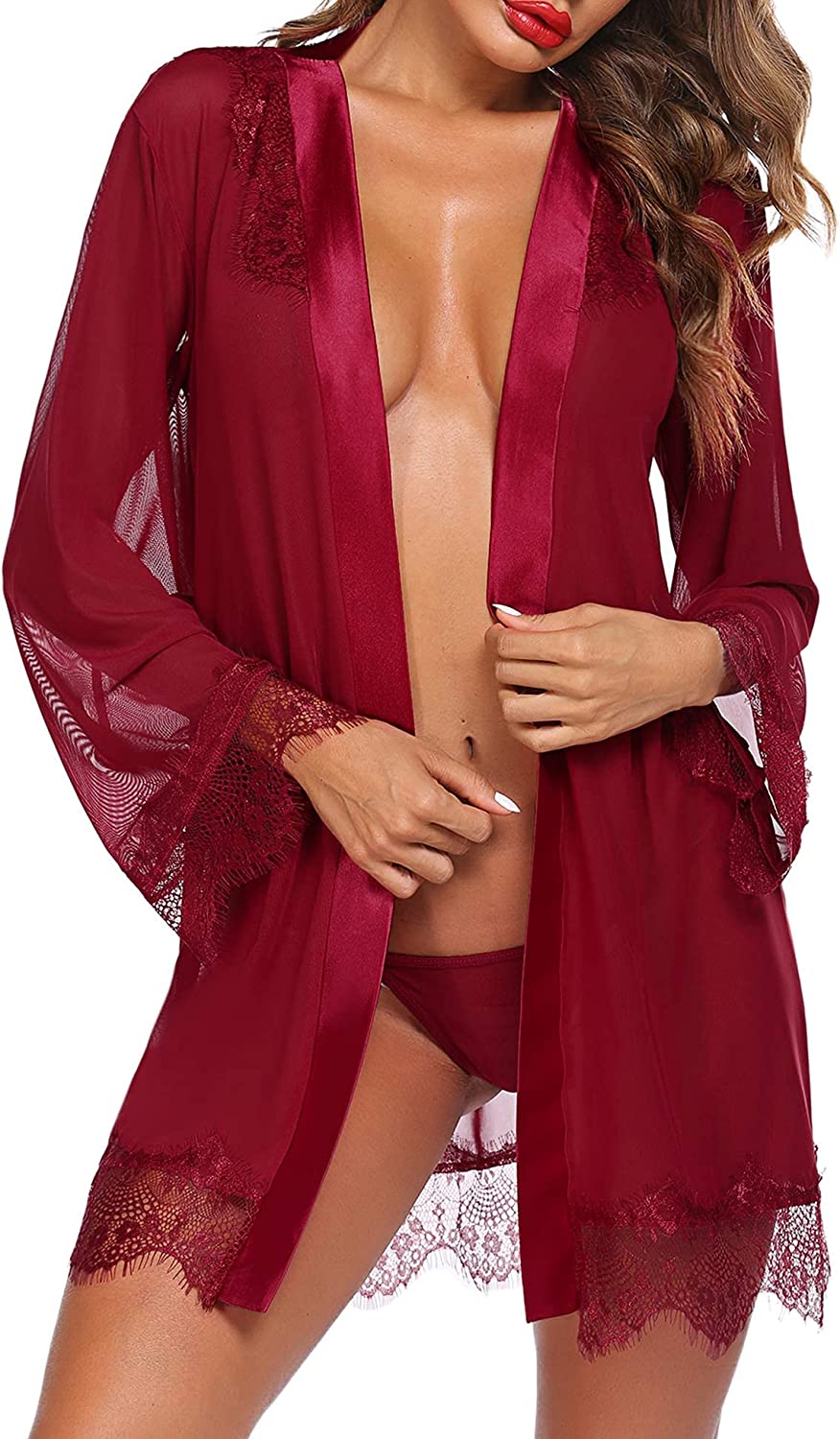 Avidlove Lingerie Robe Lace Kimono Cover Up Satin Mesh Robe Babydoll Lingerie Set