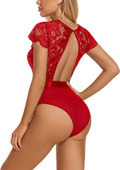 Avidlove Short Sleeve Lingerie Lace Teddy Bodysuit Tops for Going Out One Piece Chemise Clubwear