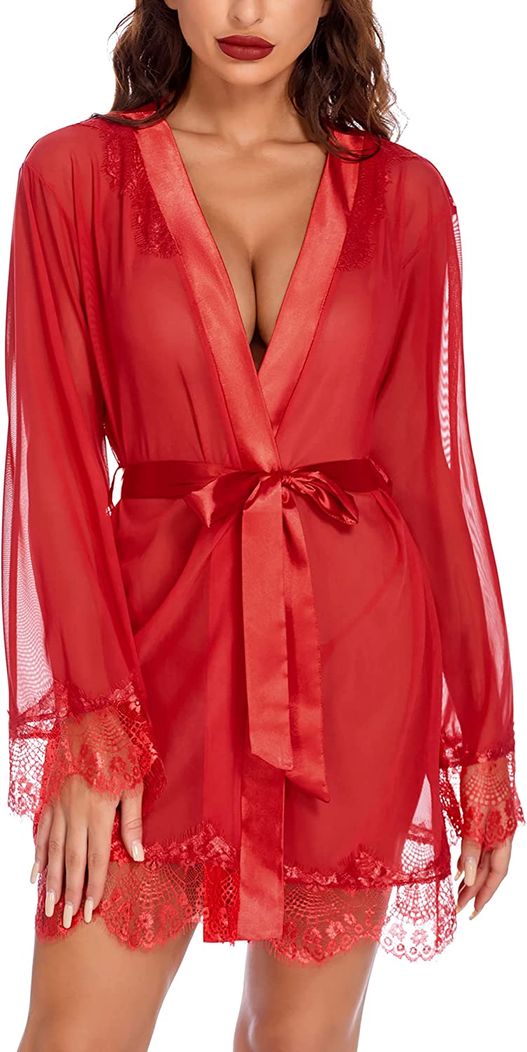 Avidlove Lingerie Robe Lace Kimono Cover Up Satin Mesh Robe Babydoll Lingerie Set