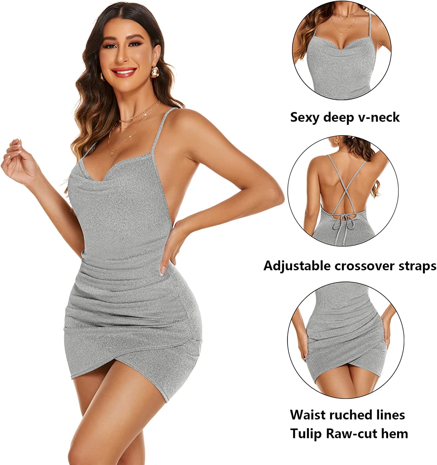 Avidlove Sparkly Glitter Dress Cowl Neck Spaghetti Strap Bodycon Dress Sleeveless Ruched Cocktail Dress for Women