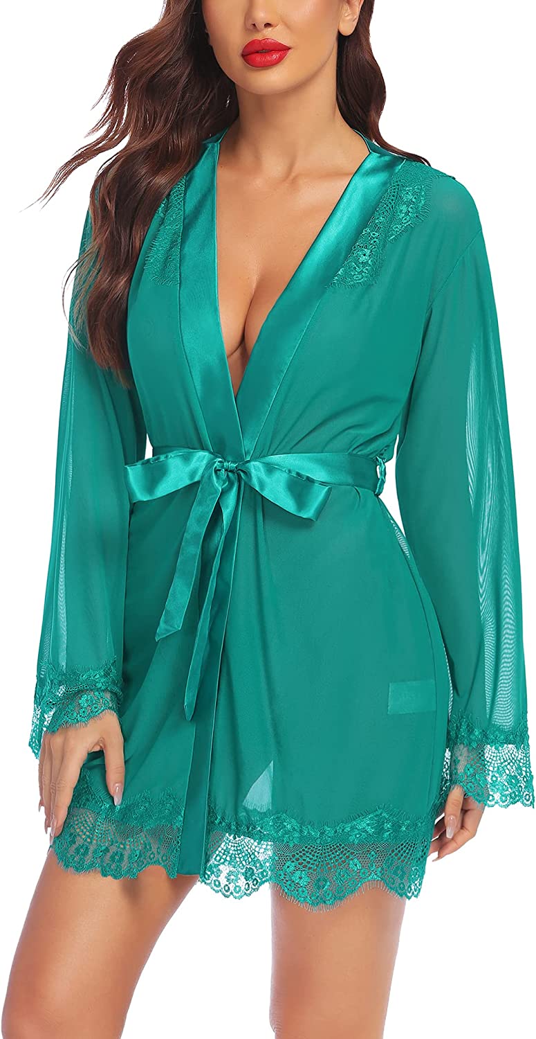 Avidlove Lingerie Robe Lace Kimono Cover Up Satin Mesh Robe Babydoll Lingerie Set