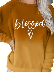 Plus Size Casual Sweatshirt, Women's Plus Ombre & Letter & Heart Print Raglan Sleeve Round Neck Slight Stretch Pullover Sweatshirt