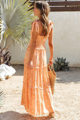 Orange Boho Floral Print Lace-up Straps Tiered Smocked Maxi Dress