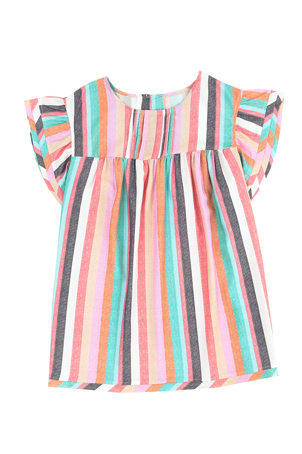 Pink Striped Button Sweetheart Flutter Sleeve Dress