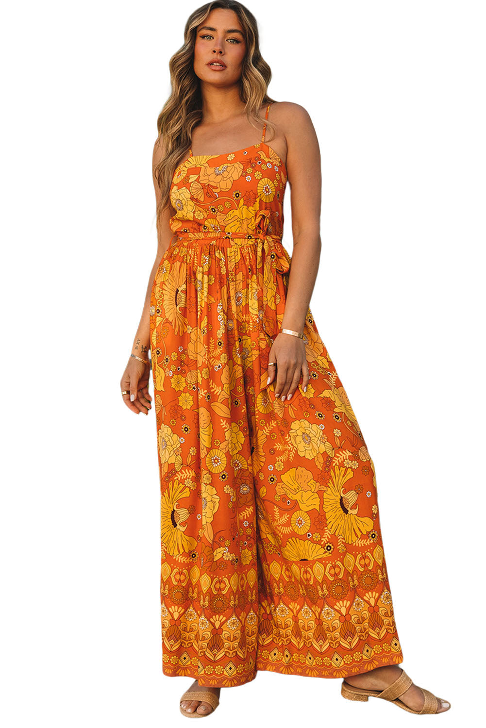 Orange Floral Wide Leg Sleeveless Jumpsuit