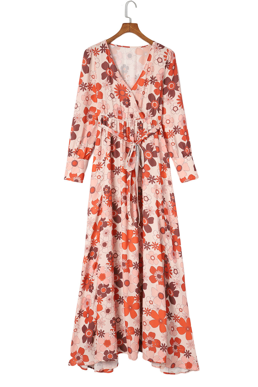 Orange Floral V-Neck Long Sleeve Belted Maxi Dress