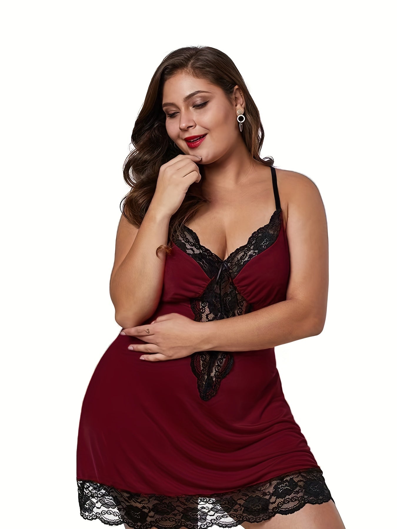 Plus Size Sexy Nightdress, Women's Plus Comfort Soft Contrast Lace Criss Cross Back V Neck Cami Sleep Dress With Free Underwear