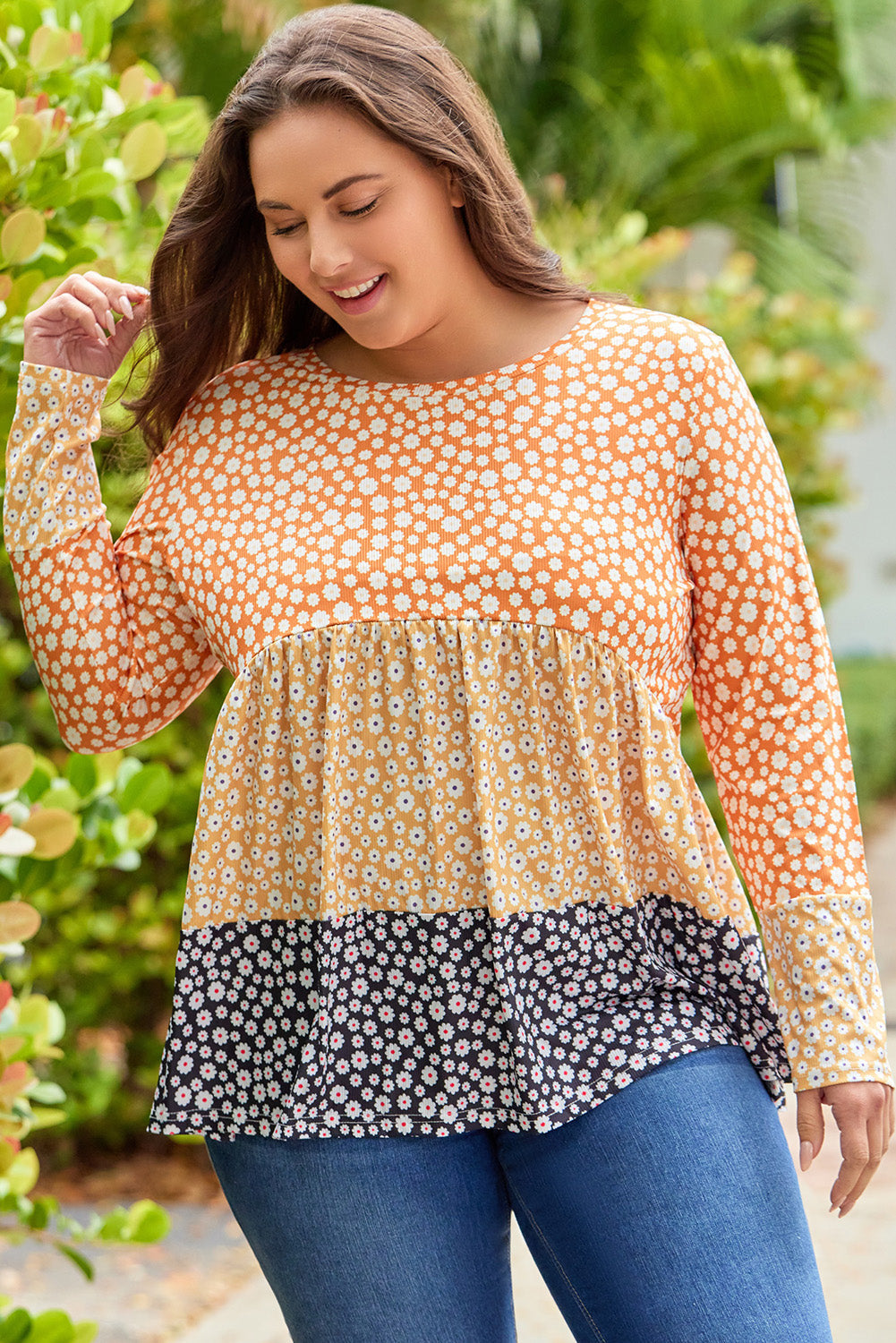 Orange Plus Size Colorblock Blooming Daisy Long Sleeve Flowy Top