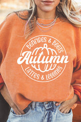 Orange Autumn Pumpkin Graphic Print Corded Oversized Sweatshirt