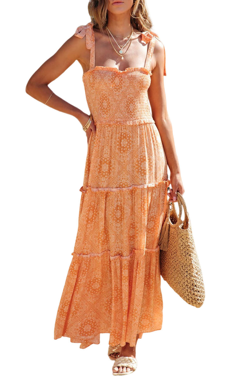 Orange Boho Floral Print Lace-up Straps Tiered Smocked Maxi Dress