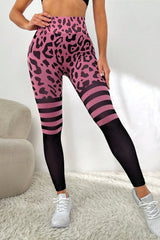 Pantalones de yoga de cintura alta con parche de leopardo y rayas rosas que levantan los glúteos