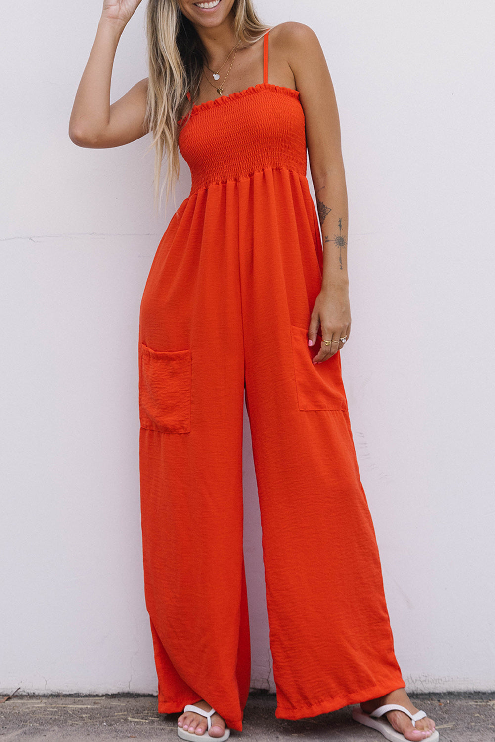 Orange Smocked Spaghetti Straps Wide Leg Jumpsuit