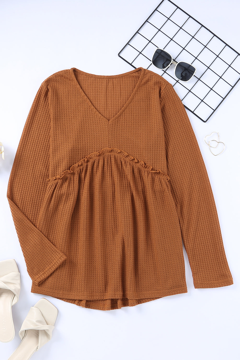 Orange Plus Size Ruffled Waffle Knit Top