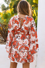 Orange High Waist Bell Sleeve Ruffled Floral Mini Dress