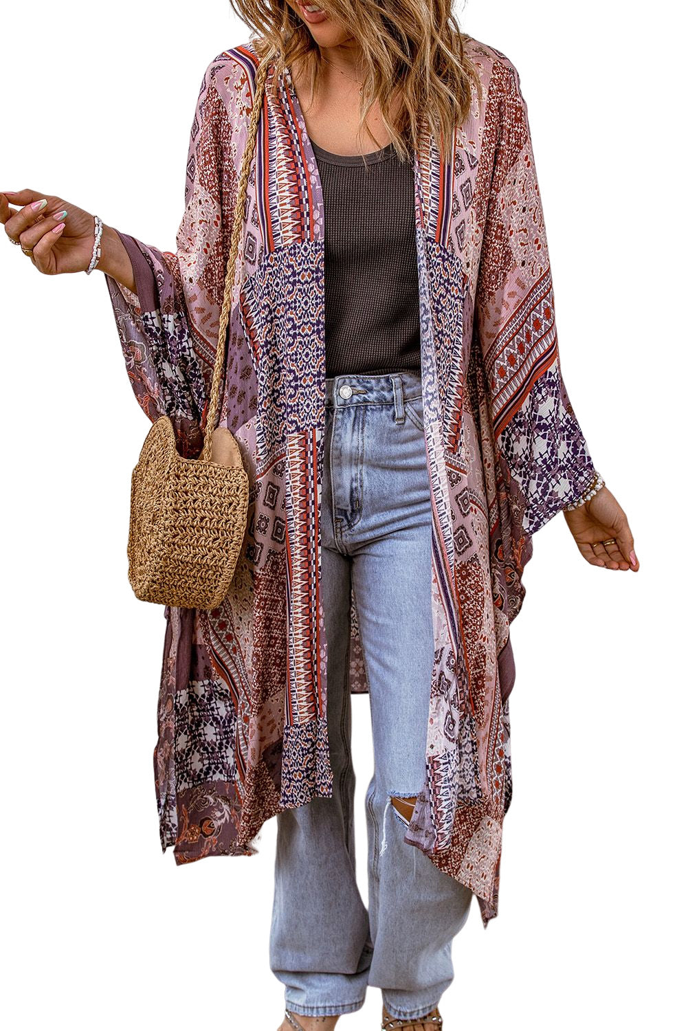 Kimono abierto con estampado geométrico rosa