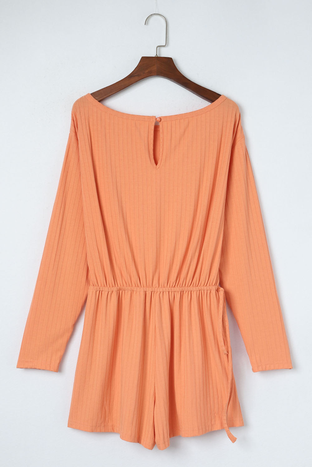 Orange Ribbed Drawstring Waist Long Sleeve Romper