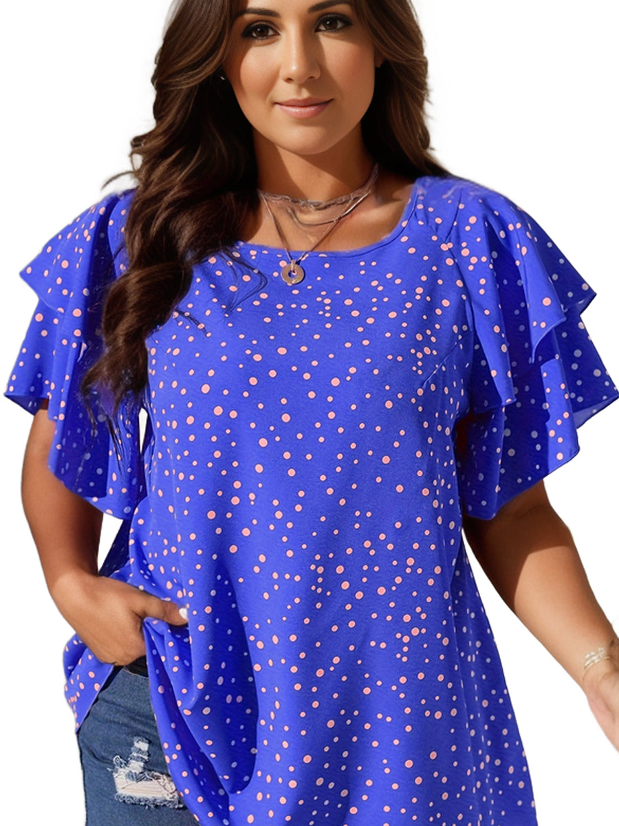 Plus Size Casual Blouse, Women's Plus Polka Dot Print Layered Sleeve Round Neck Oversized Blouse