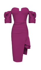 STRAPLESS DRAPED SLEEVE SLITS BANDAGE DRESS IN ROSE RED