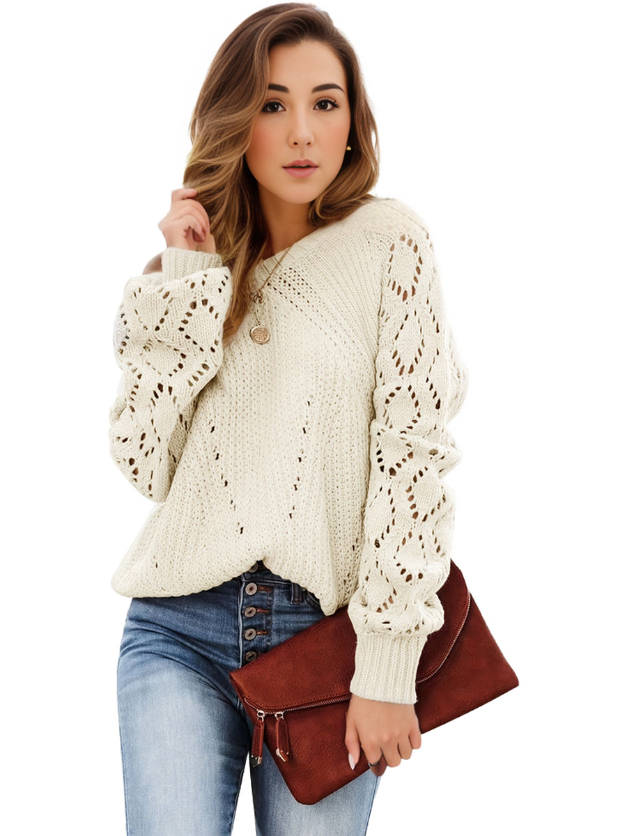 Plus Size Casual Sweater, Women's Plus Solid Eyelet Embroidered Lantern Sleeve Round Neck Slight Stretch Sweater