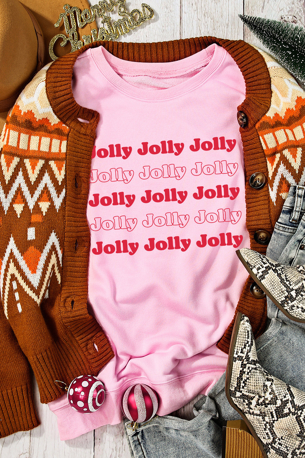 Pink Christmas Jolly Letter Print Pullover Sweatshirt