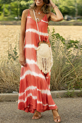 Orange Tie Dye Striped Spaghetti Straps Maxi Dress