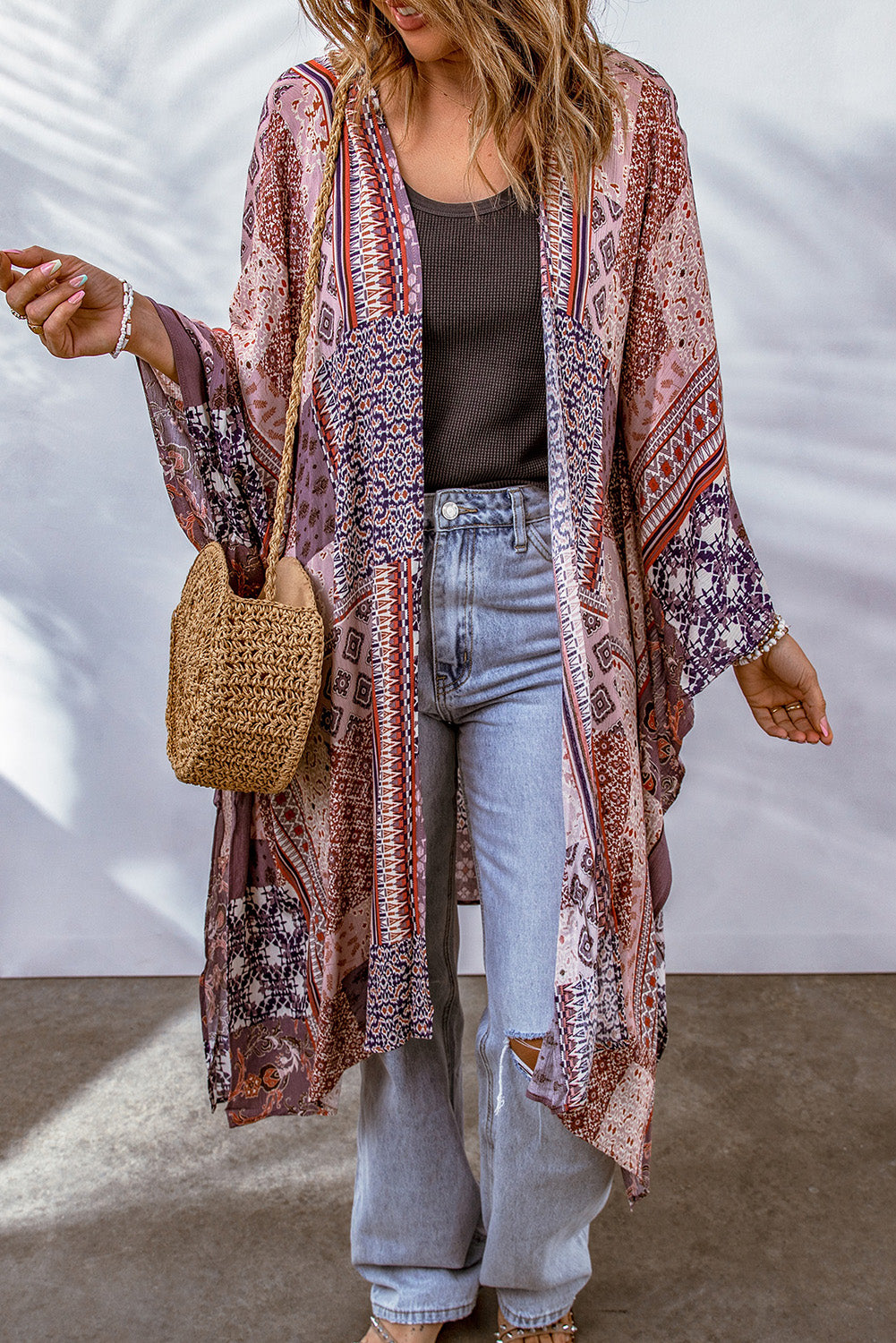Kimono abierto con estampado geométrico rosa
