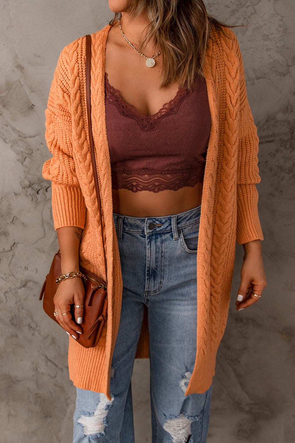 Orange Chunky Knit Open Front Cardigan