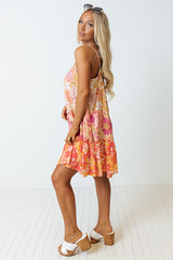 Orange Floral Print Tiered Spaghetti Straps Shift Dress