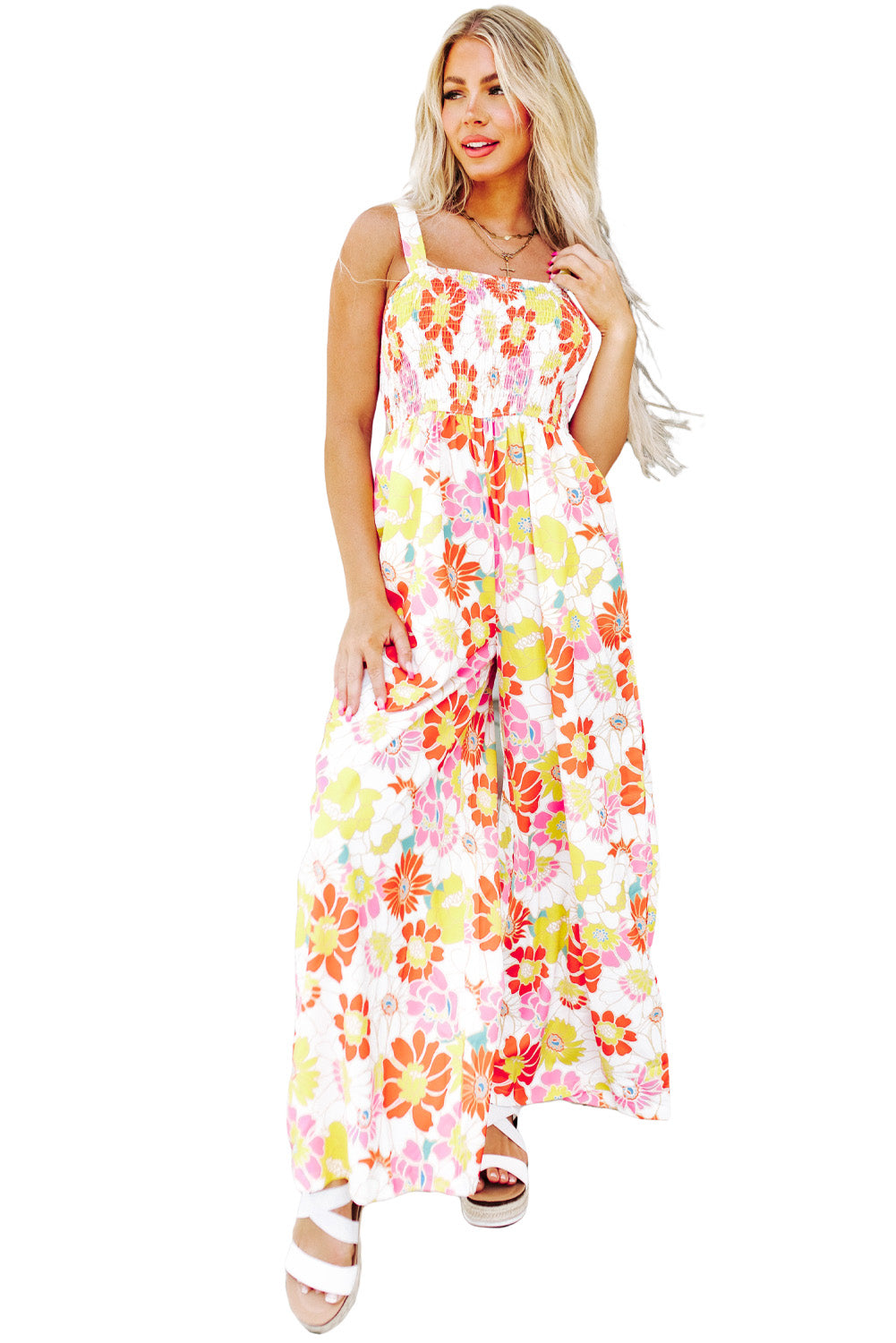 Orange Shirred Neck Summer Floral Dress