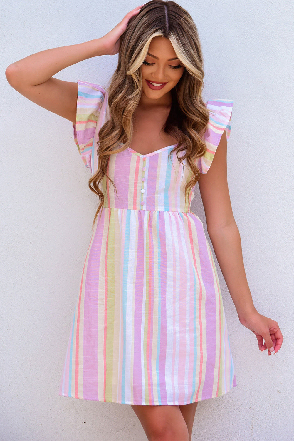 Pink Striped Button Sweetheart Flutter Sleeve Dress