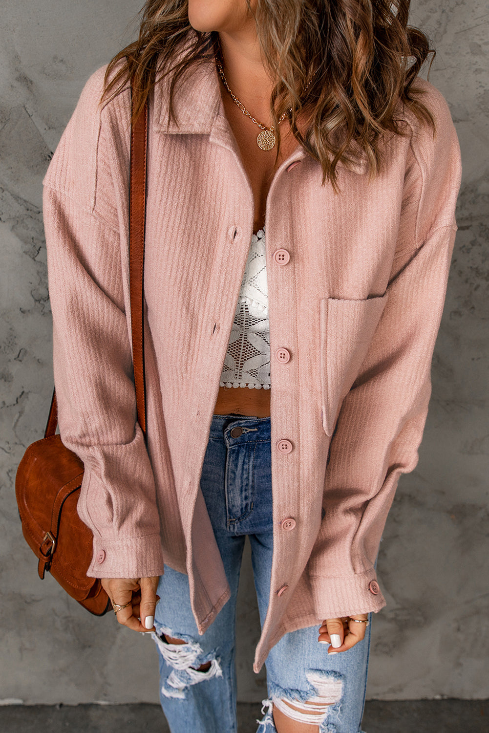 Pink Rib Textured Fleece Shacket