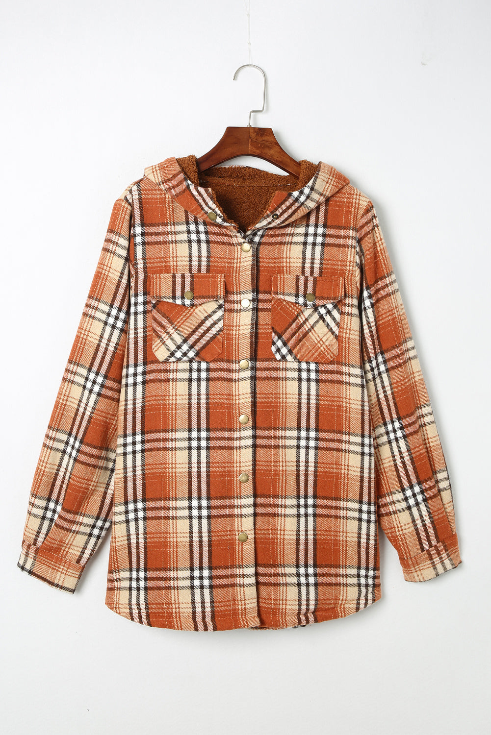 Orange Plaid Pattern Sherpa Lined Hooded Shacket